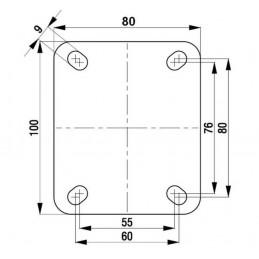 Werktekening van de topplaat van rubber zwenkwiel (stalen kern) met rem en topplaat (100 en 125 mm)